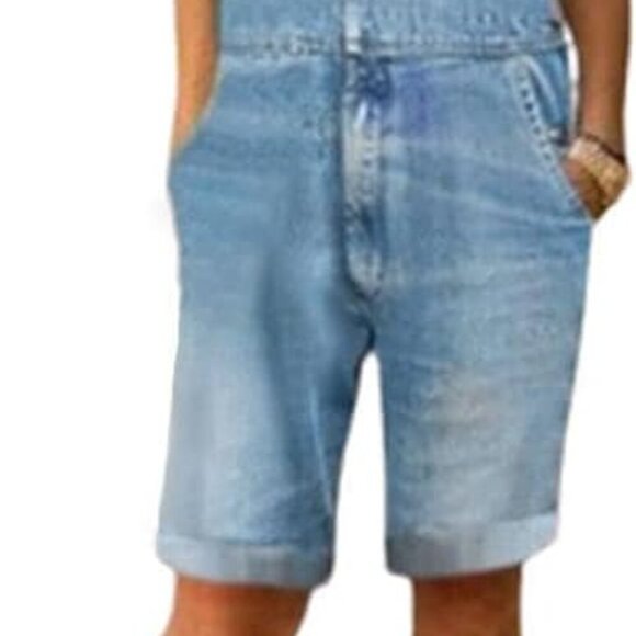 Women's Casual Distressed Adjustable Strap Cuffed Hem Denim Bib Overalls Shorts